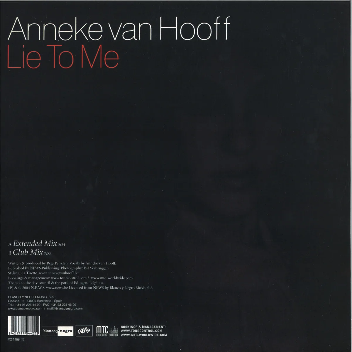 Back cover — Anneke Van Hooff — Lie To Me