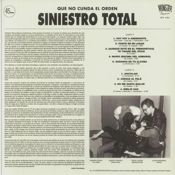 Back cover — SINIESTRO TOTAL — Que No Cunda El Orden: Primeras Sesiones De Grabacion Enero De 1982