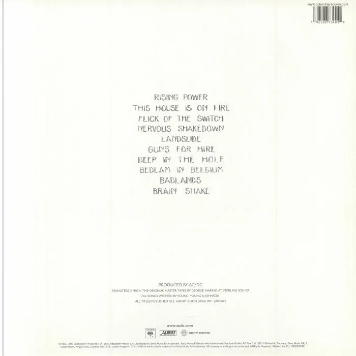 Обратная сторона обложки — AC / DC — Flick Of The Switch (50th Anniversary Edition)