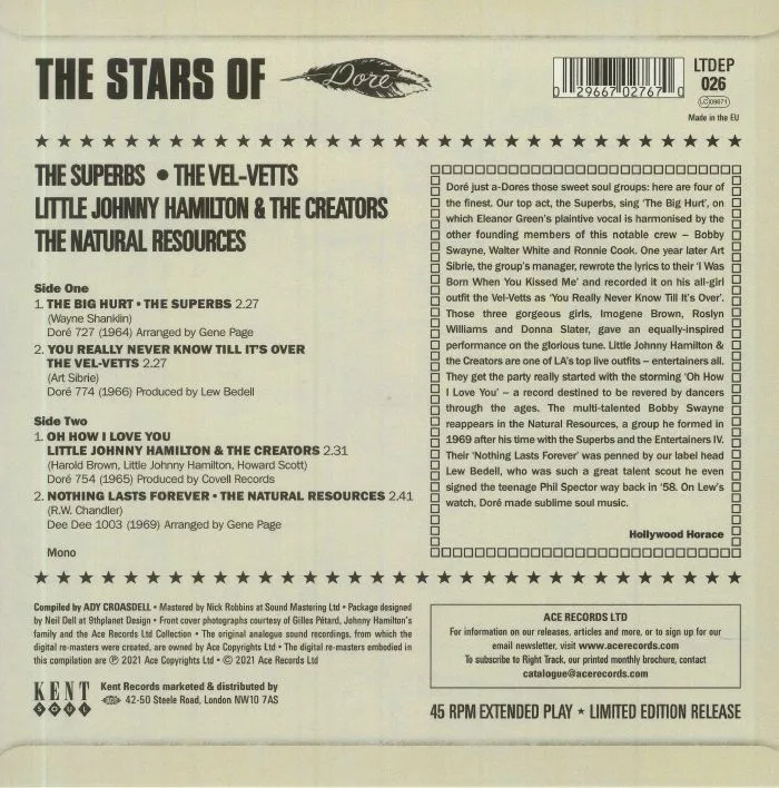 Back cover — The SUPERBS / THE VELVETTS / LITTLE JOHNNY HAMILTON / THE CREATORS / THE NATURAL RESOURCES — The Stars Of Dore: Los Angeles' Soul Group Sound