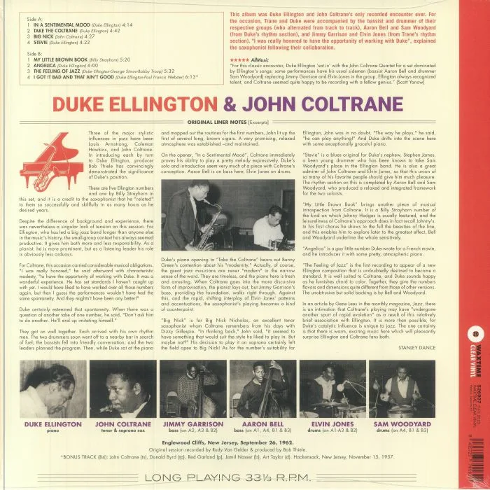 Обратная сторона обложки — Duke ELLINGTON / JOHN COLTRANE — Duke Ellington & John Coltrane (reissue)