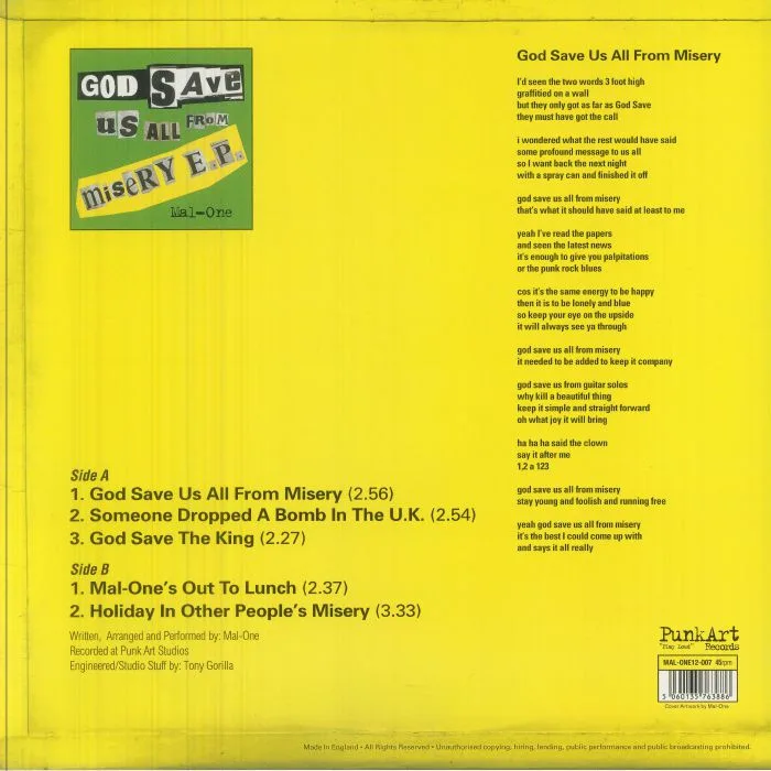 Back cover — MAL ONE — God Save Us From Misery EP (Record Store Day RSD 2026)