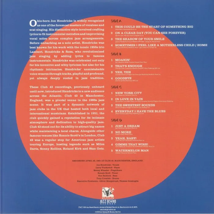 Обратная сторона обложки — Jon HENDRICKS — Live At Club 43 (Record Store Day Black Friday RSD 2024)