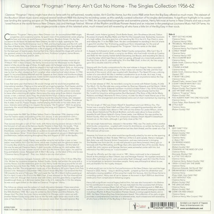 Обратная сторона обложки — Clarence Frogman HENRY — Ain't Got No Home: The Singles Collection 1956-62