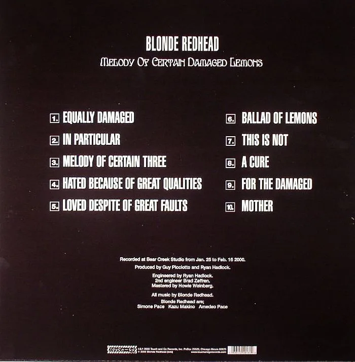 Back cover — BLONDE REDHEAD — Melody Of Certain Damaged Lemons