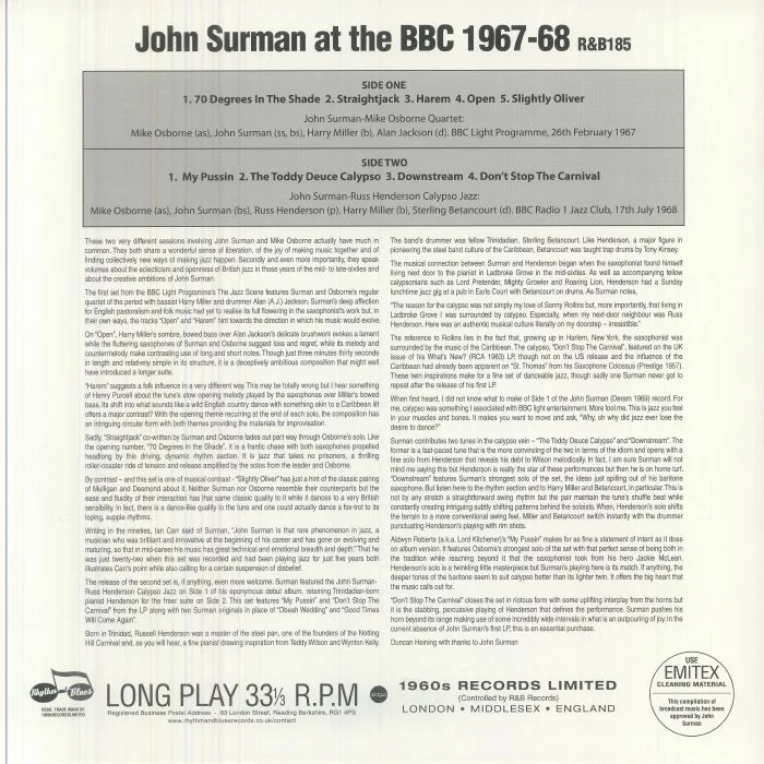 Back cover — John SURMAN — At The BBC 1967-68 (Record Store Day RSD 2026)