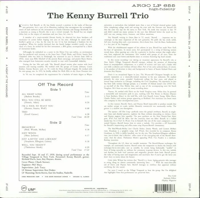 Back cover — The KENNY BURRELL TRIO — A Night At The Vanguard (Verve By Request)