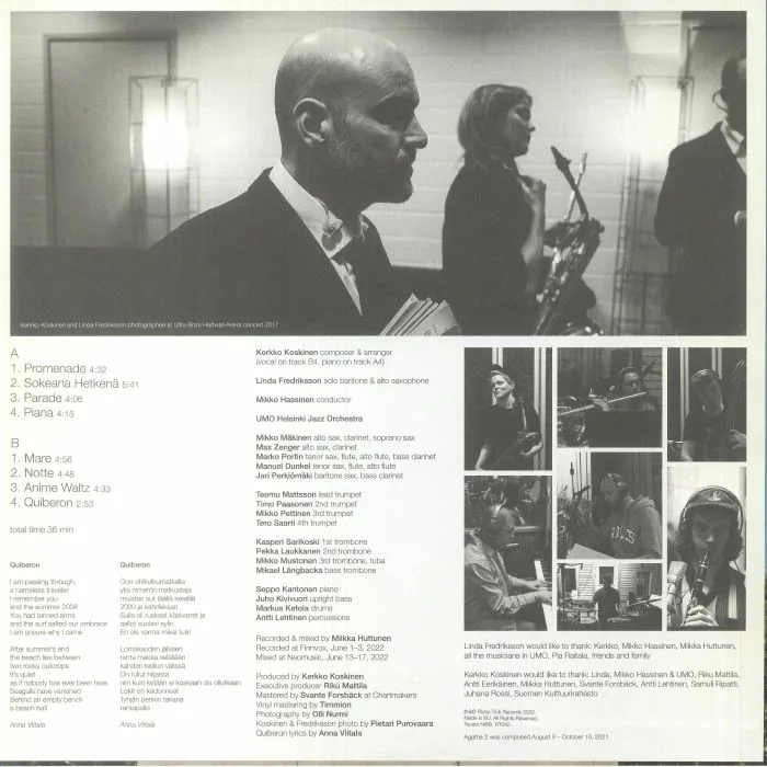 Back cover — Kerkko KOSKINEN / LINDA FREDRIKSSON / UMO HELSINKI JAZZ ORCHESTRA — Agatha 2