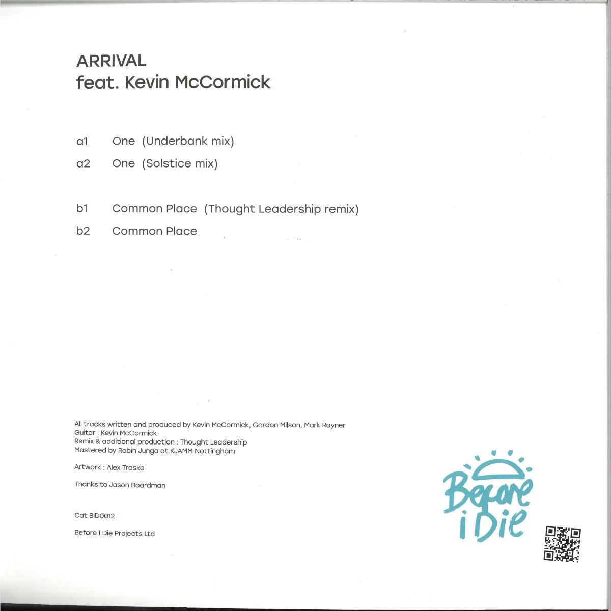 Back cover — ARRIVAL ft. KEVIN McCORMICK — ONE LP