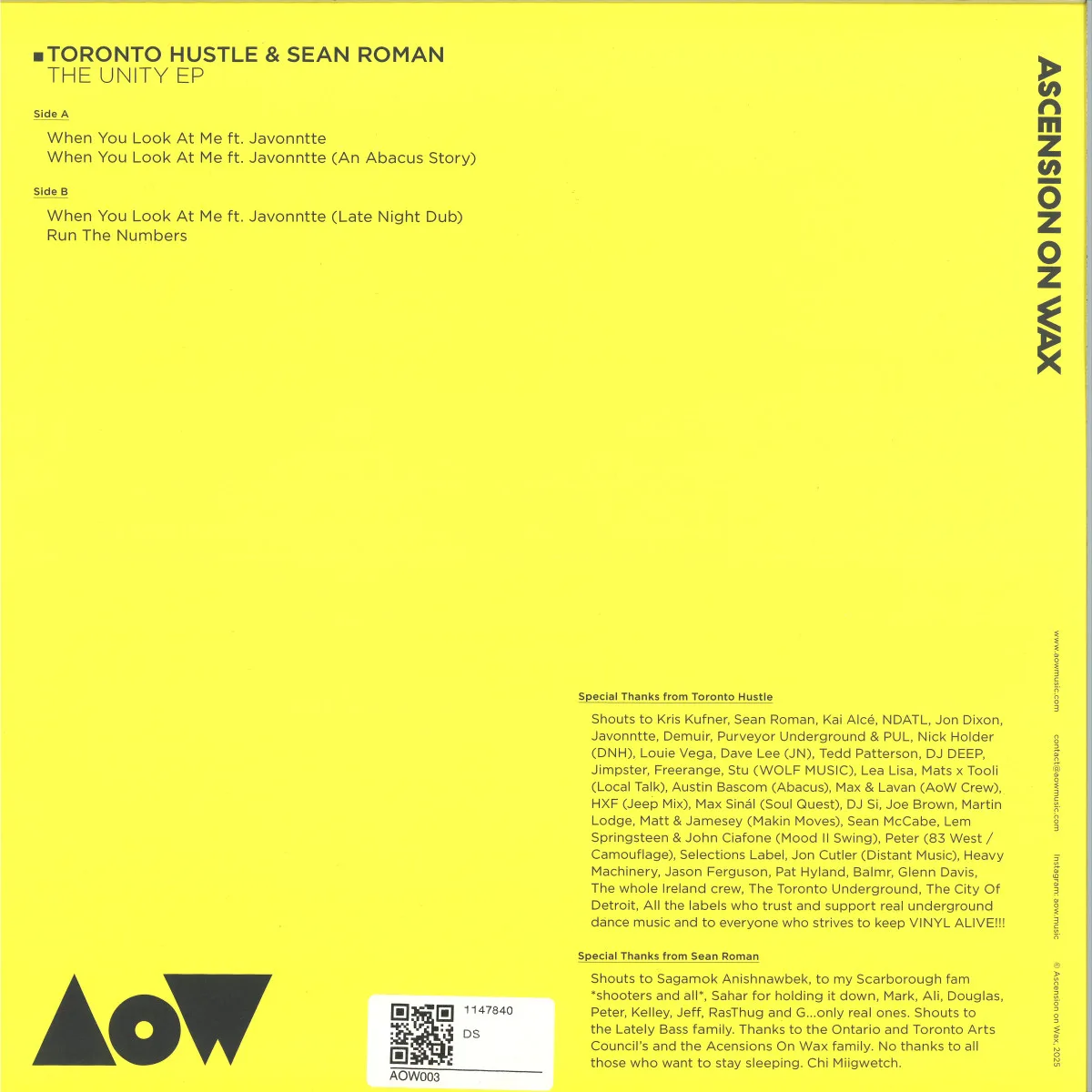 Back cover — Toronto Hustle & Sean Roman — The Unity EP (ft. Javonntte)