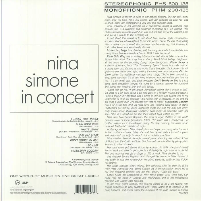 Обратная сторона обложки — Nina SIMONE — Nina Simone In Concert (Acoustic Sounds Series)