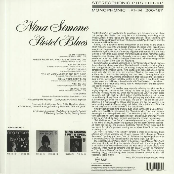 Обратная сторона обложки — Nina SIMONE — Pastel Blues (Acoustic Sounds Series) (B-STOCK)