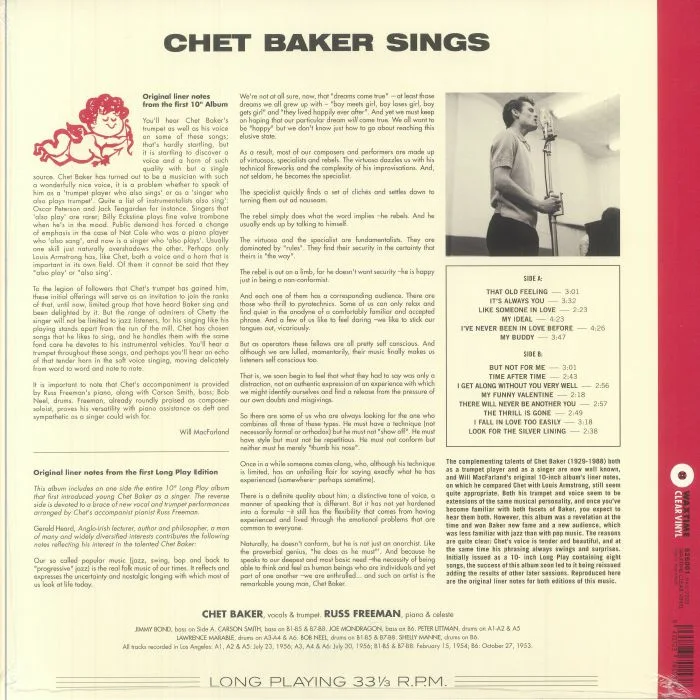 Back cover — Chet BAKER — Sings (reissue)