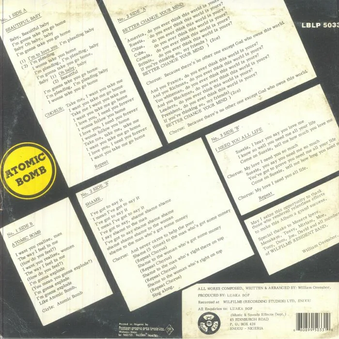 Back cover — William ONYEABOR — Atomic Bomb (reissue)