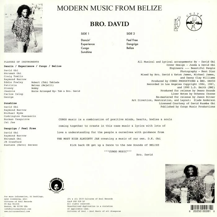 Back cover — BRO DAVID — Modern Music From Belize