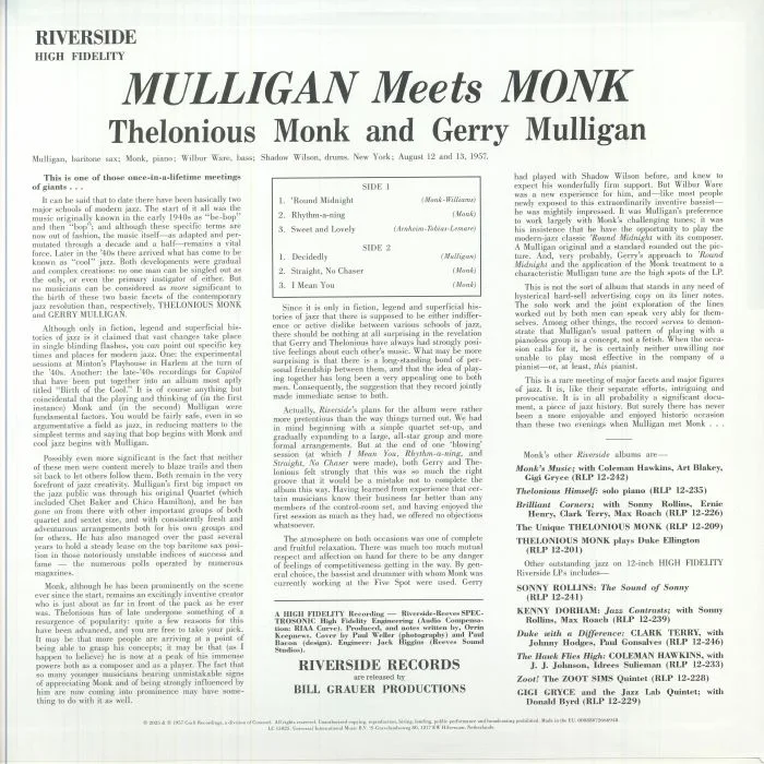 Back cover — Thelonious MONK / GERRY MULLIGAN — Mulligan Meets Monk (Record Store Day RSD 2025)