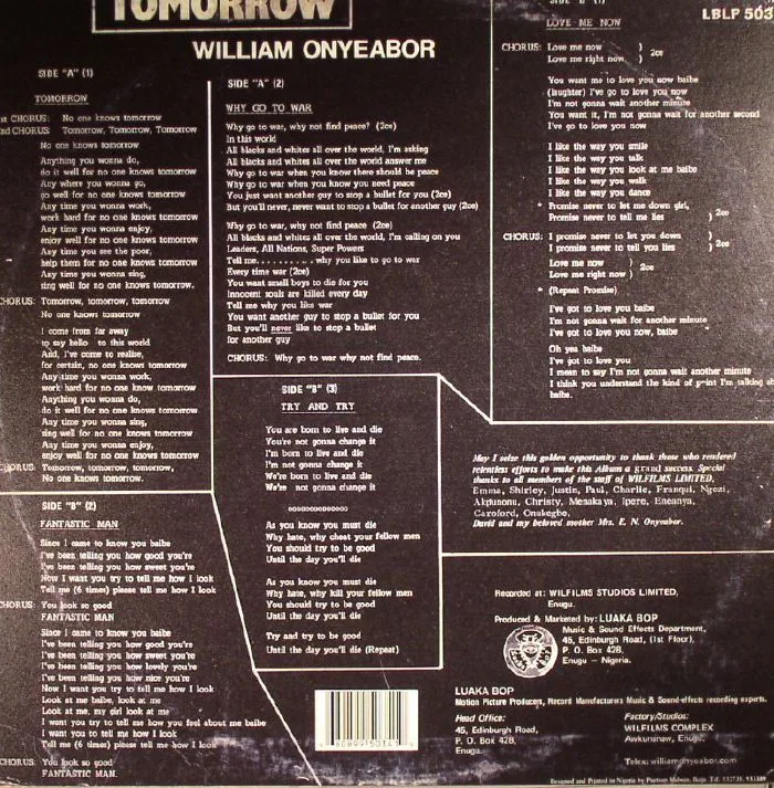 Обратная сторона обложки — William ONYEABOR — Tomorrow (remastered)