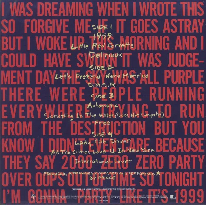 Обратная сторона обложки — PRINCE — 1999 (remastered)