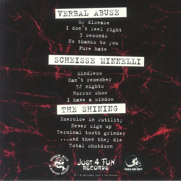 Back cover — VERBAL ABUSE / SCHEISSE MINNELLI / THE SHINING — Speed Kills: But Who's Dying?