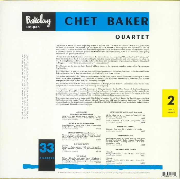 Обратная сторона обложки — CHET BAKER QUARTET — In Paris Vol 2