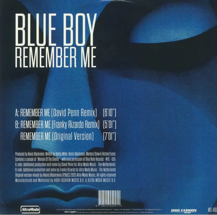 Back cover — BLUE BOY — Remember Me (remixes & original)