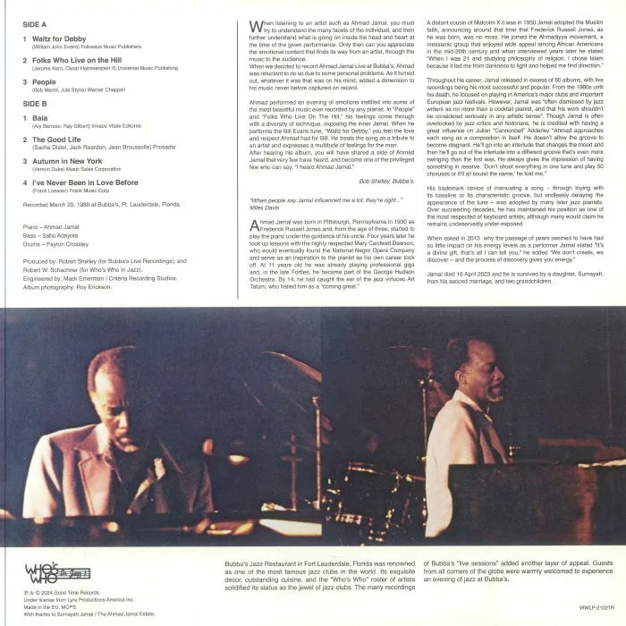 Обратная сторона обложки — Ahmad JAMAL — Live At Bubba's