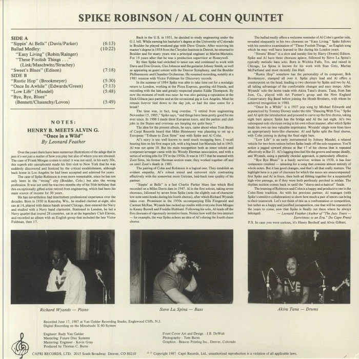 Обратная сторона обложки — Spike ROBINSON / AL COHN QUINTET — Henry B Meets Alvin G: Once In A Wild