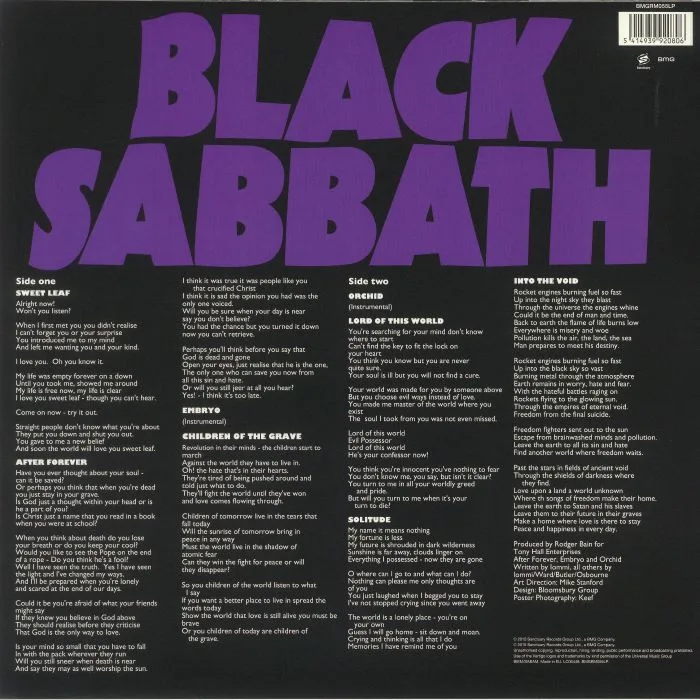 Back cover — BLACK SABBATH — Master Of Reality