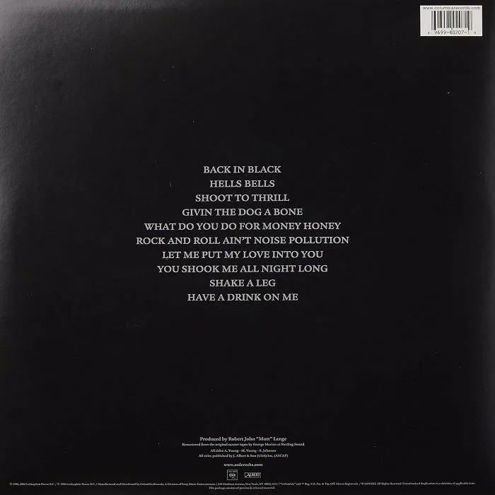 Back cover — AC / DC — Back In Black