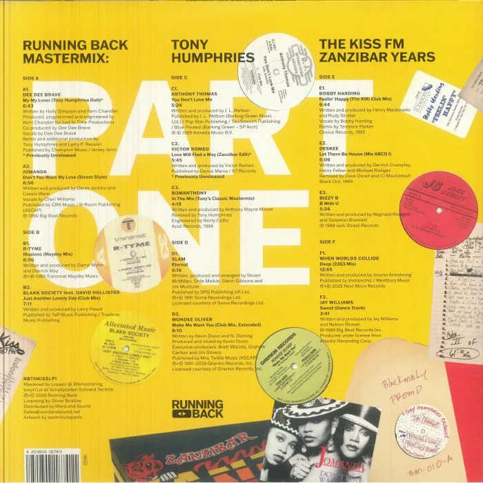 Back cover — Tony Humphries — Running Back Mastermix: Kiss FM Zanzibar Years Vinyl Part One (LP 3x12")