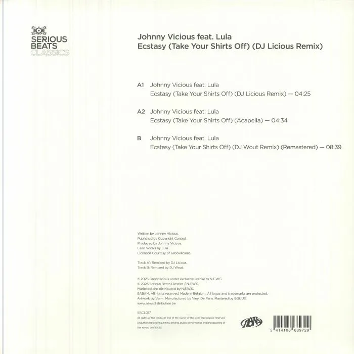 Back cover — JOHNNY VICIOUS FEAT. LULA — ECSTASY (TAKE YOUR SHIRTS OFF) (DJ LICIOUS REMIX)