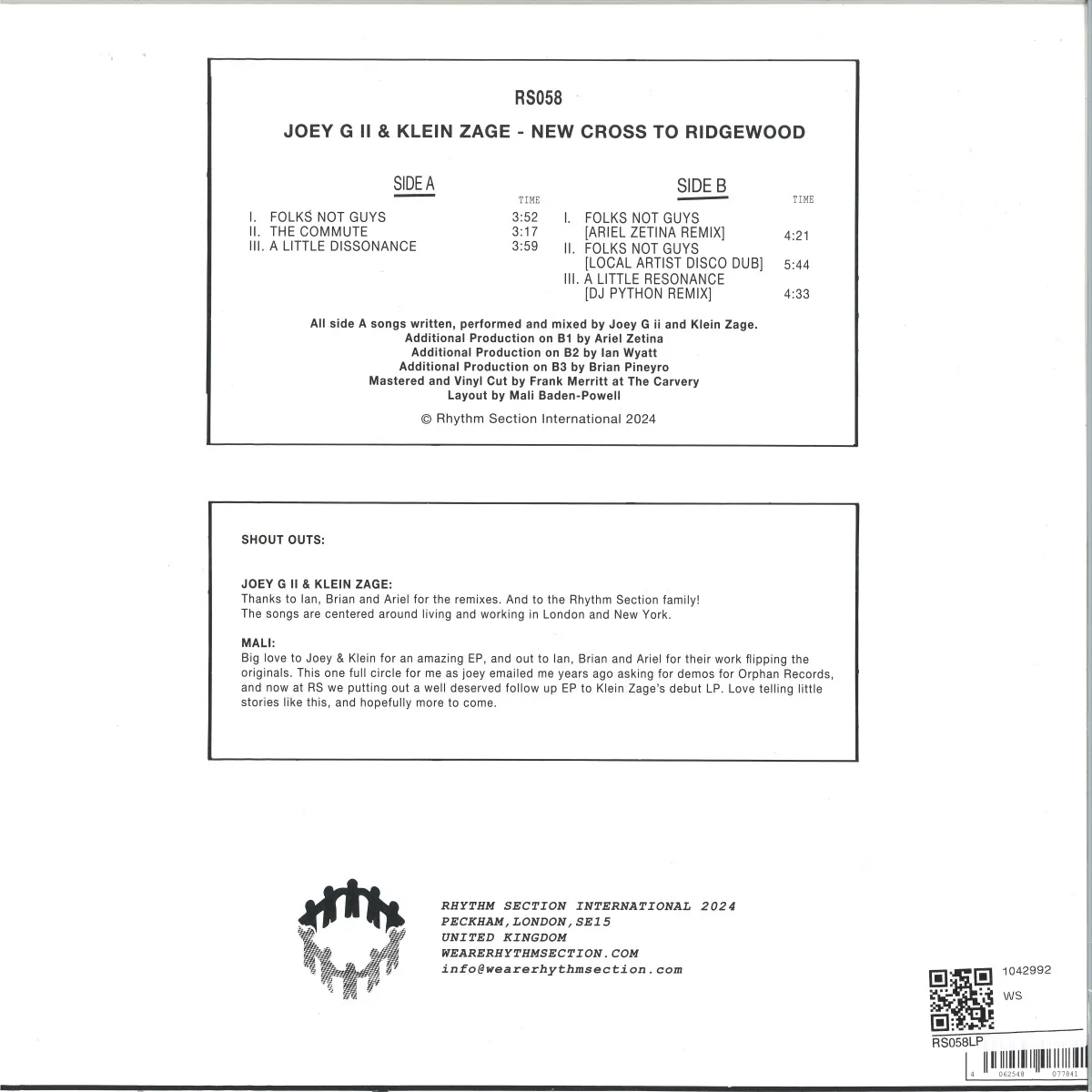 Back cover — Joey G Ii X Klein Zage — New Cross To Ridgewood