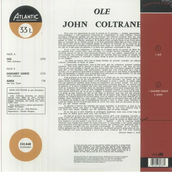 Обратная сторона обложки — John COLTRANE — Ole Coltrane (mono) (Rhino High Fidelity 65th Anniversary Editon)