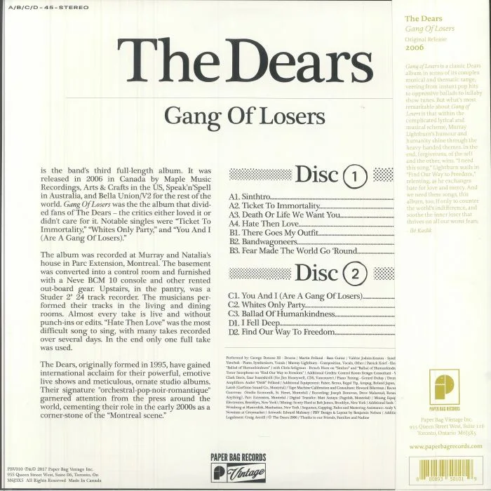 Back cover — The DEARS — Gang Of Losers (reissue)