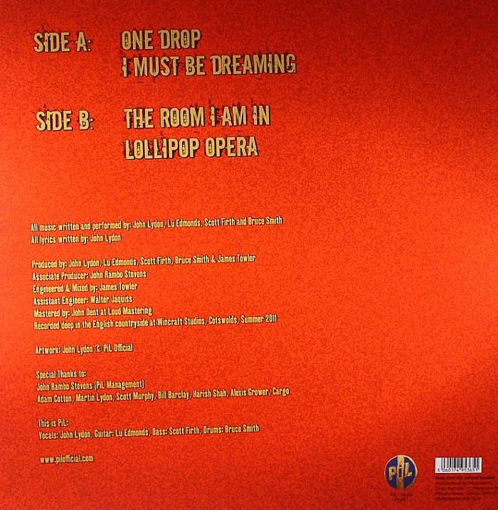 Back cover — PUBLIC IMAGE LTD aka PIL — One Drop EP
