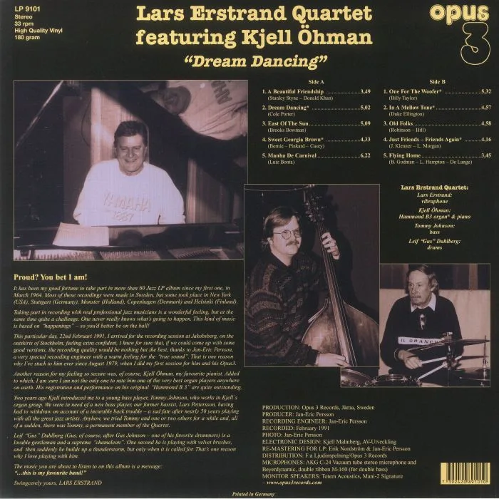 Back cover — LARS ERSTRAND QUARTET / KJELL OHMAN — Dream Dancing