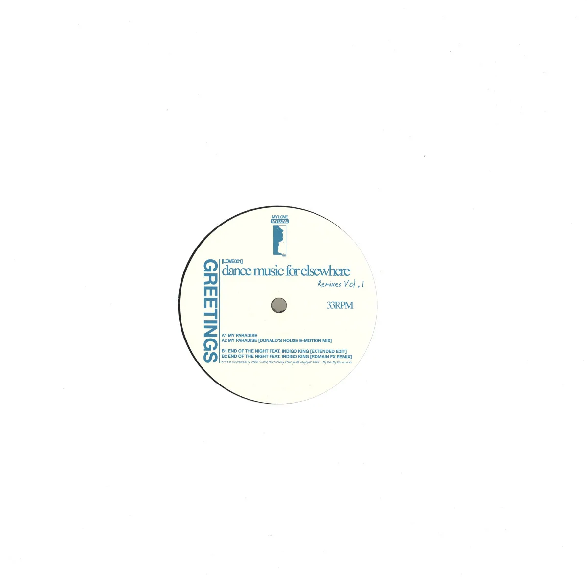 Back cover — Greetings — DANCE MUSIC FOR ELSEWHERE REMIXES VOL. 1 EP