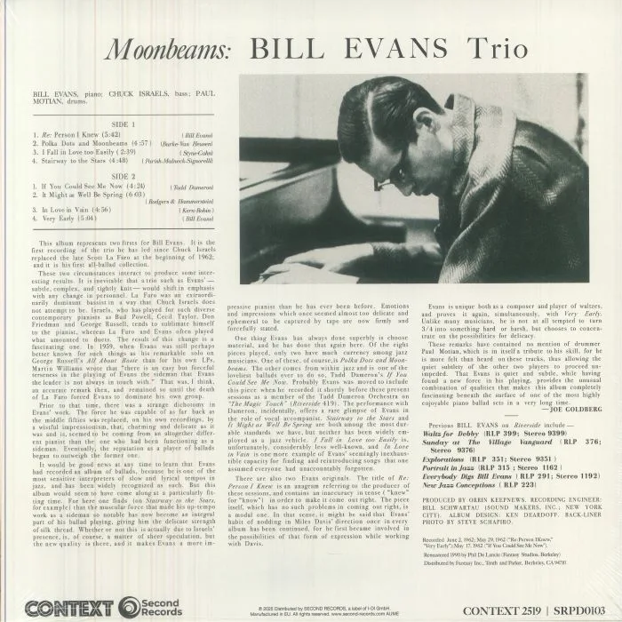 Back cover — The BILL EVANS TRIO — Moon Beams (reissue)