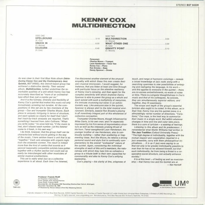 Обратная сторона обложки — Kenny COX / THE CONTEMPORARY JAZZ QUINTET — Multidirection (reissue)