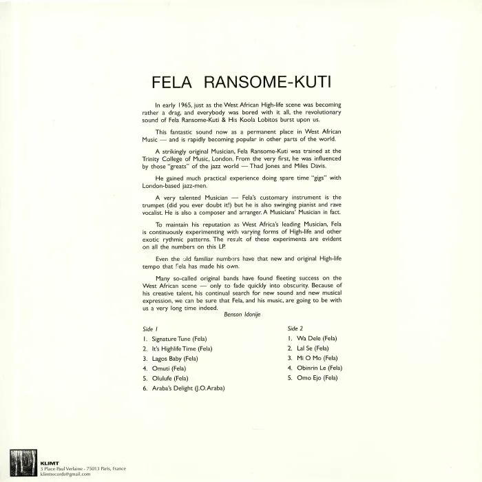 Обратная сторона обложки — Fela Ransome KUTI & HIS KOOLA LOBITOS — Fela Ransome Kuti & His Koola Lobitos
