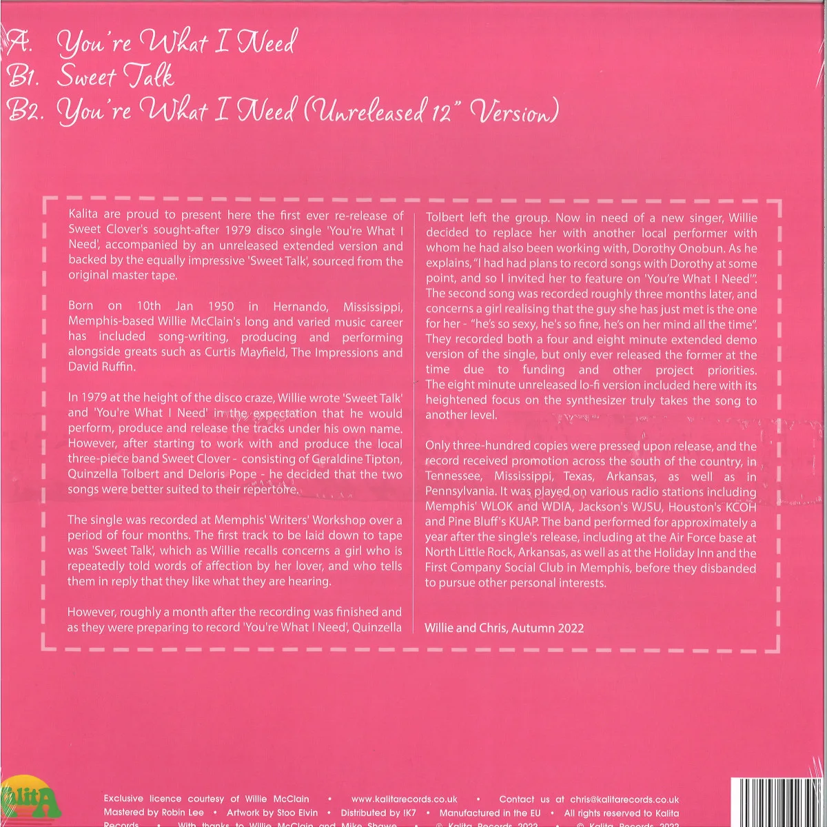 Back cover — Sweet Clover — You’re What I Need LP