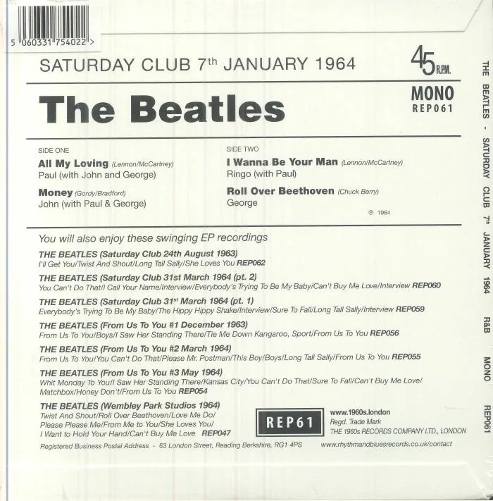 Back cover — The BEATLES — Saturday Club 7th January 1964 EP (mono)