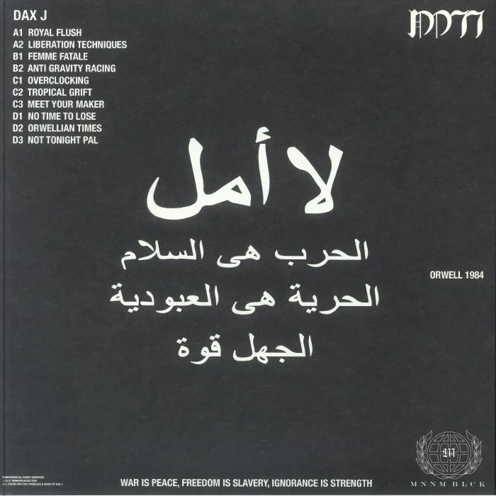 Back cover — DAX J — War Is Peace Freedom Is Slavery Ignorance Is Strength