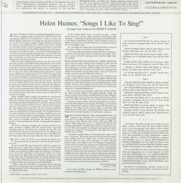 Обратная сторона обложки — Helen HUMES — Songs I Like To Sing! (reissue)