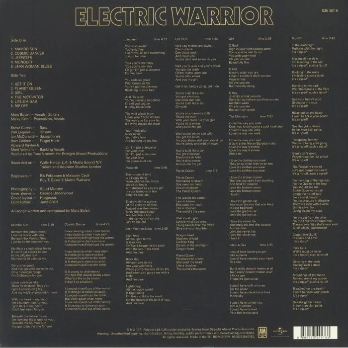 Back cover — T REX — Electric Warrior