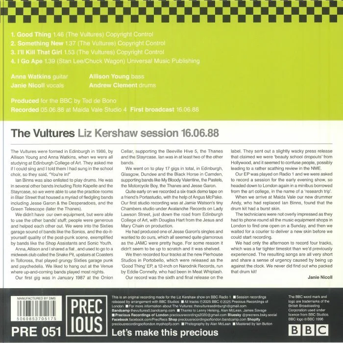 Back cover — The VULTURES — Liz Kershaw Session 16 / 06 / 88