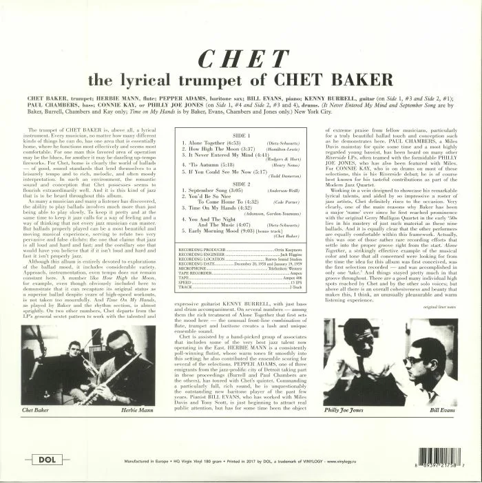 Back cover — Chet BAKER — Chet (reissue)