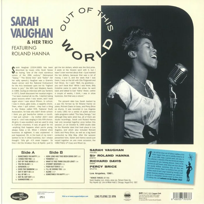 Обратная сторона обложки — Sarah & HER TRIO VAUGHAN feat ROLAND HANNA — Out Of This World