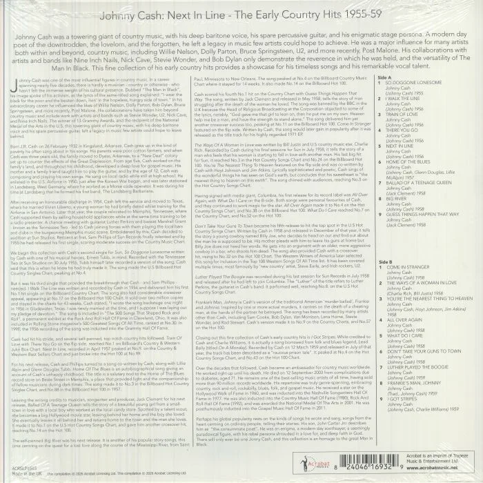 Обратная сторона обложки — Johnny CASH — Next In Line: The Early Country Hits 1955-59