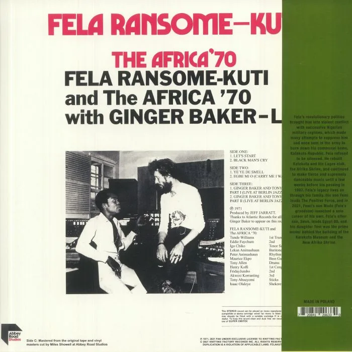 Back cover — Fela Ransome KUTI & THE AFRICA 70 / GINGER BAKER — Live! (50th Anniversary Edition)